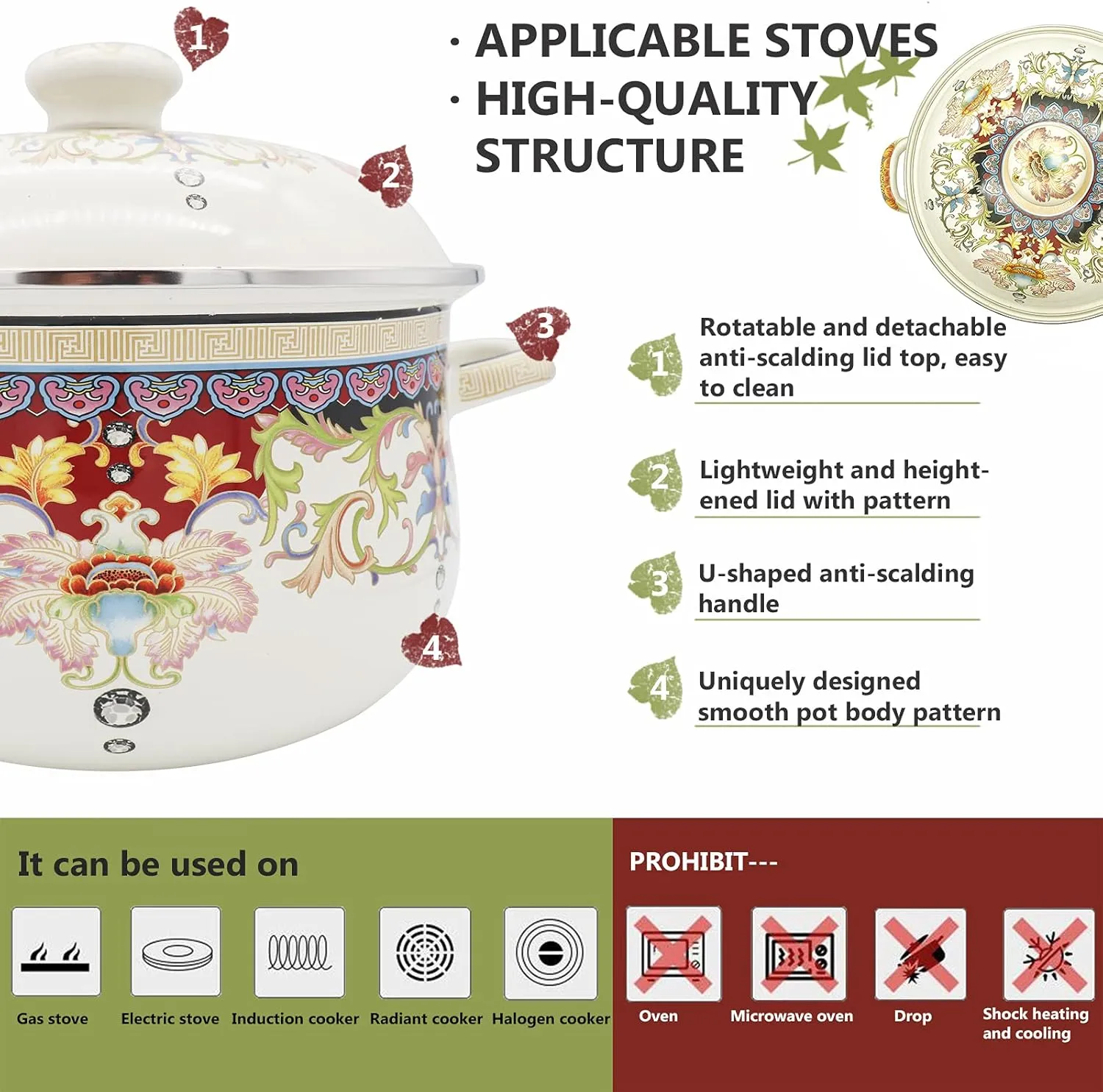 Retro Flower Enamel Stockpot with Lid,Stockpots for Cooking (5L-Mysterious Flower)