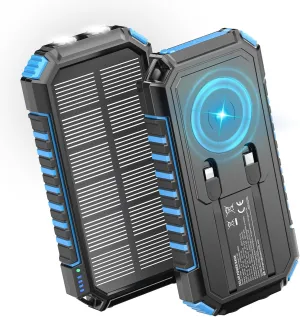 Riapow Solar Charger Power Bank, 27000mAh Wireless Portable Charger Built-in Cables, 22.5W Fast Charging Battery Bank with USB C in/Output, PD QC 3.0 Battery Pack Flashlights Outdoor (Blue)