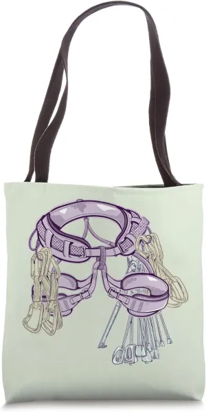 Rock climbing harness quickdraws and wires trad rack Tote Bag