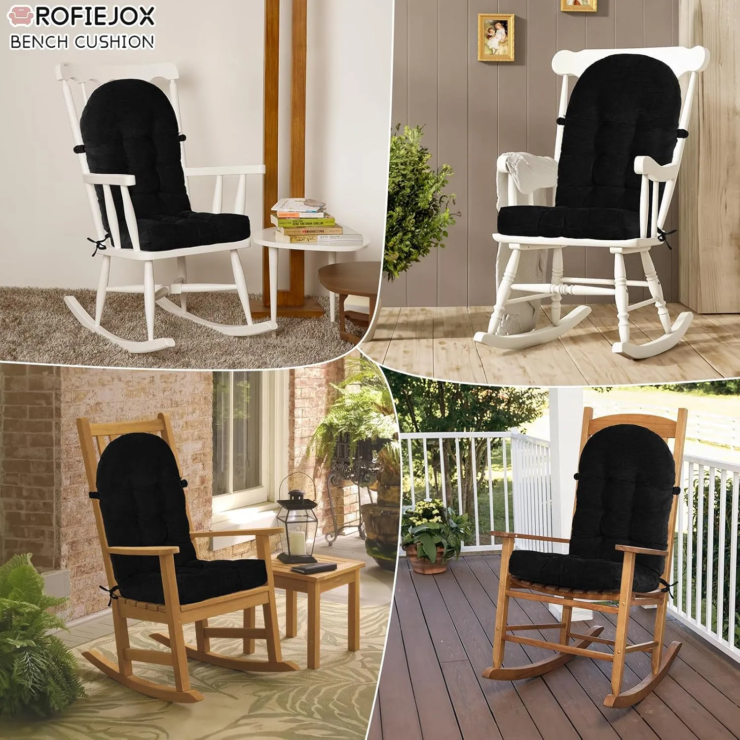 Rocking Chair Cushion - Chenille Fabric, High-Density Sponge, Durable Comfort Non-Slip Bottom Tufted Seat Pads with Ties, Chenille︱Black, 44x19x4 inch