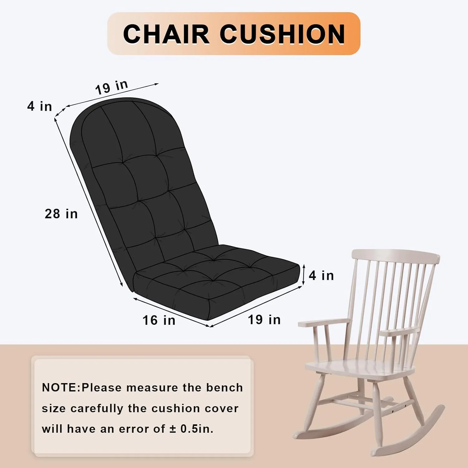 Rocking Chair Cushion - Chenille Fabric, High-Density Sponge, Durable Comfort Non-Slip Bottom Tufted Seat Pads with Ties, Chenille︱Black, 44x19x4 inch
