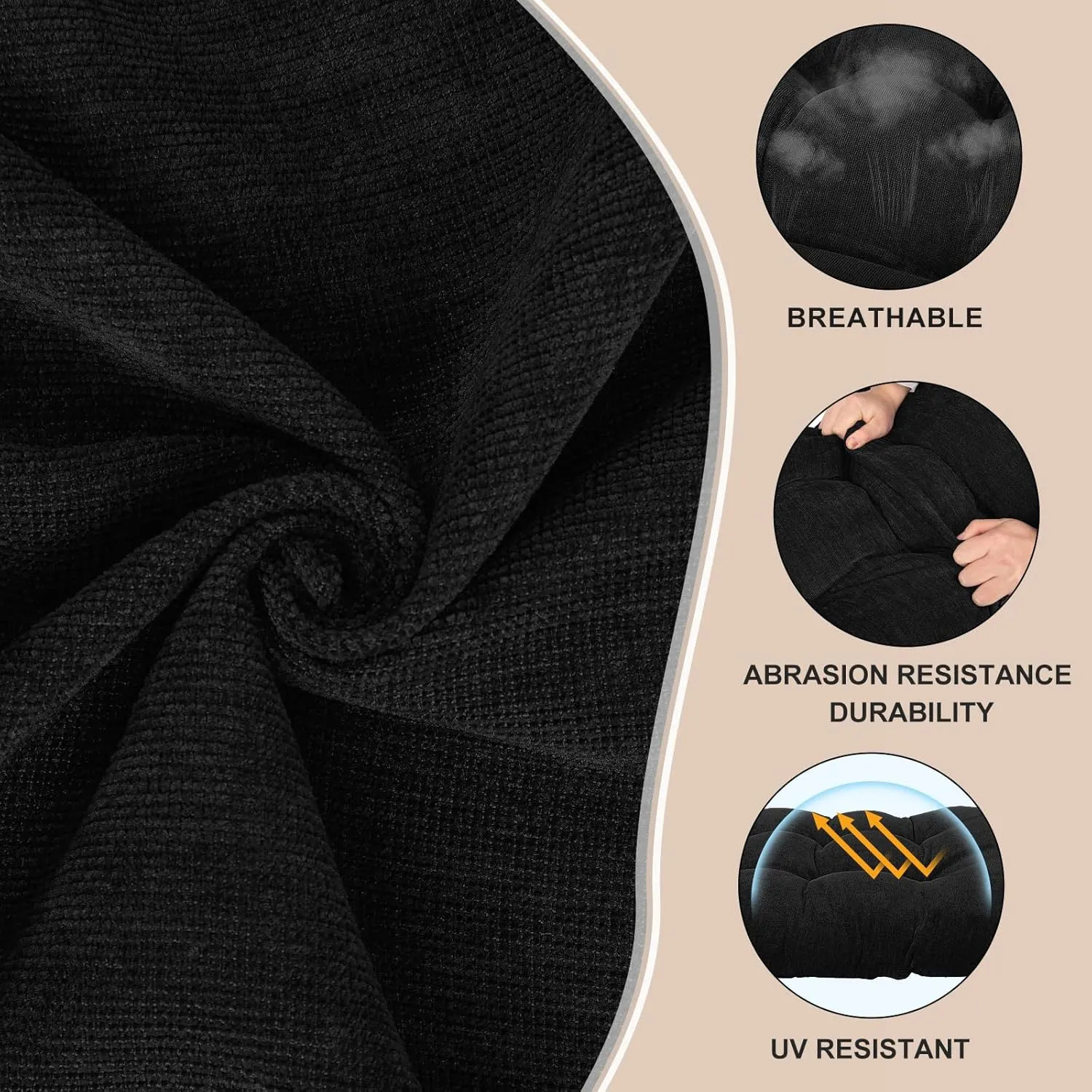 Rocking Chair Cushion - Chenille Fabric, High-Density Sponge, Durable Comfort Non-Slip Bottom Tufted Seat Pads with Ties, Chenille︱Black, 44x19x4 inch