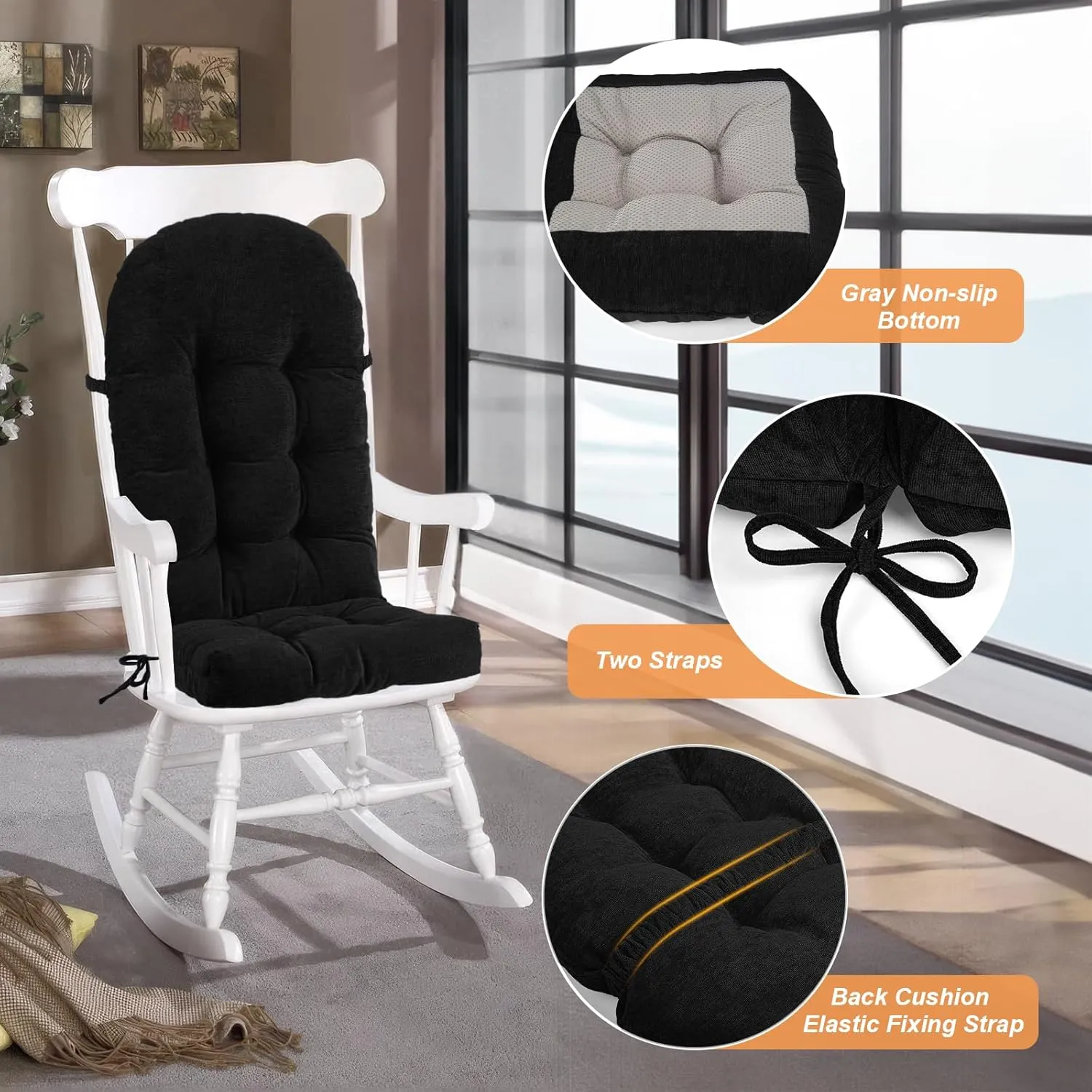 Rocking Chair Cushion - Chenille Fabric, High-Density Sponge, Durable Comfort Non-Slip Bottom Tufted Seat Pads with Ties, Chenille︱Black, 44x19x4 inch
