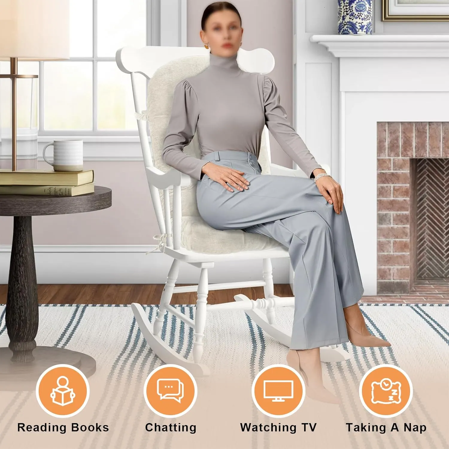Rocking Chair Cushion - Chenille Fabric, High-Density Sponge, Durable Comfort Non-Slip Bottom Tufted Seat Pads with Ties, Chenille︱Oyster White, 44x19x4 inch