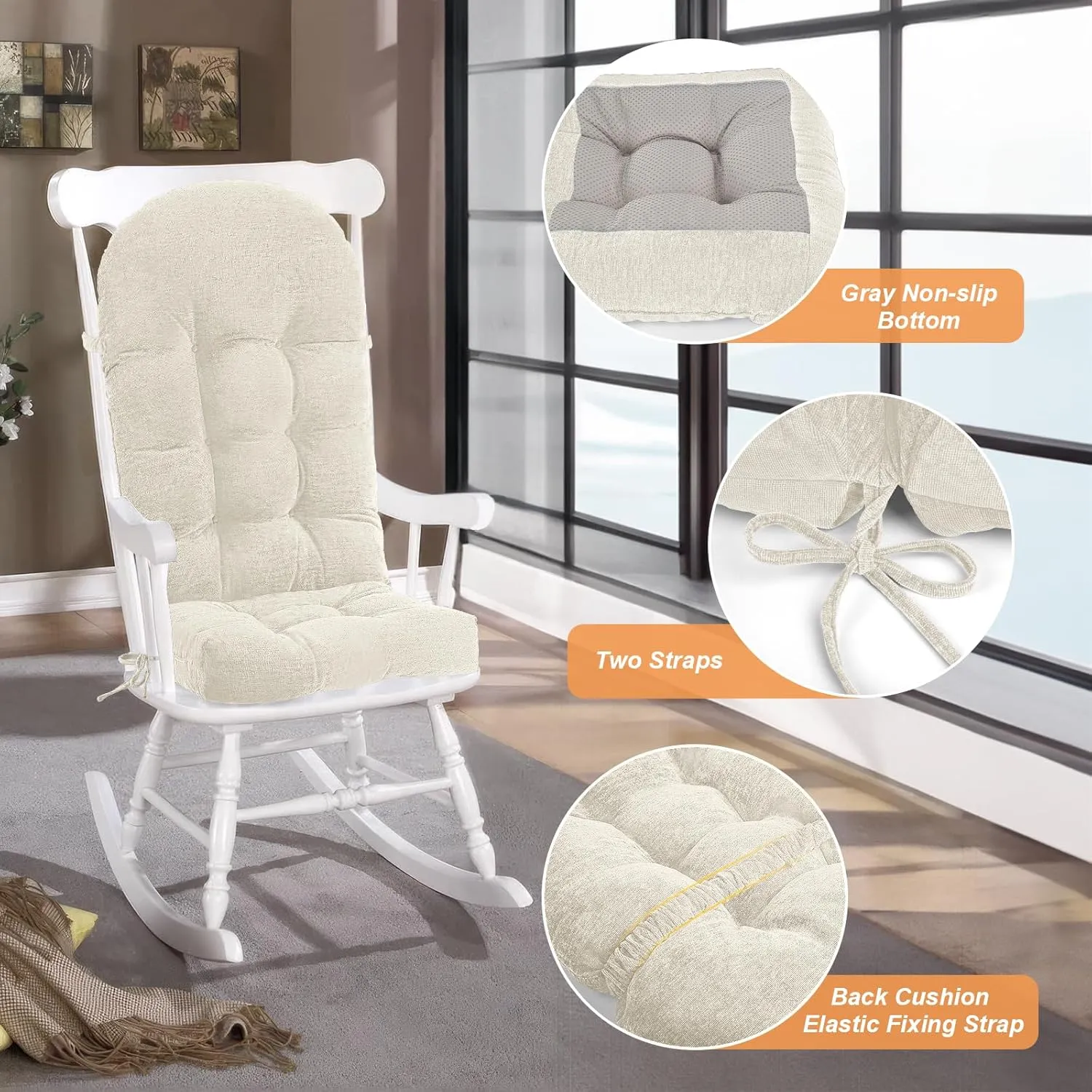 Rocking Chair Cushion - Chenille Fabric, High-Density Sponge, Durable Comfort Non-Slip Bottom Tufted Seat Pads with Ties, Chenille︱Oyster White, 44x19x4 inch