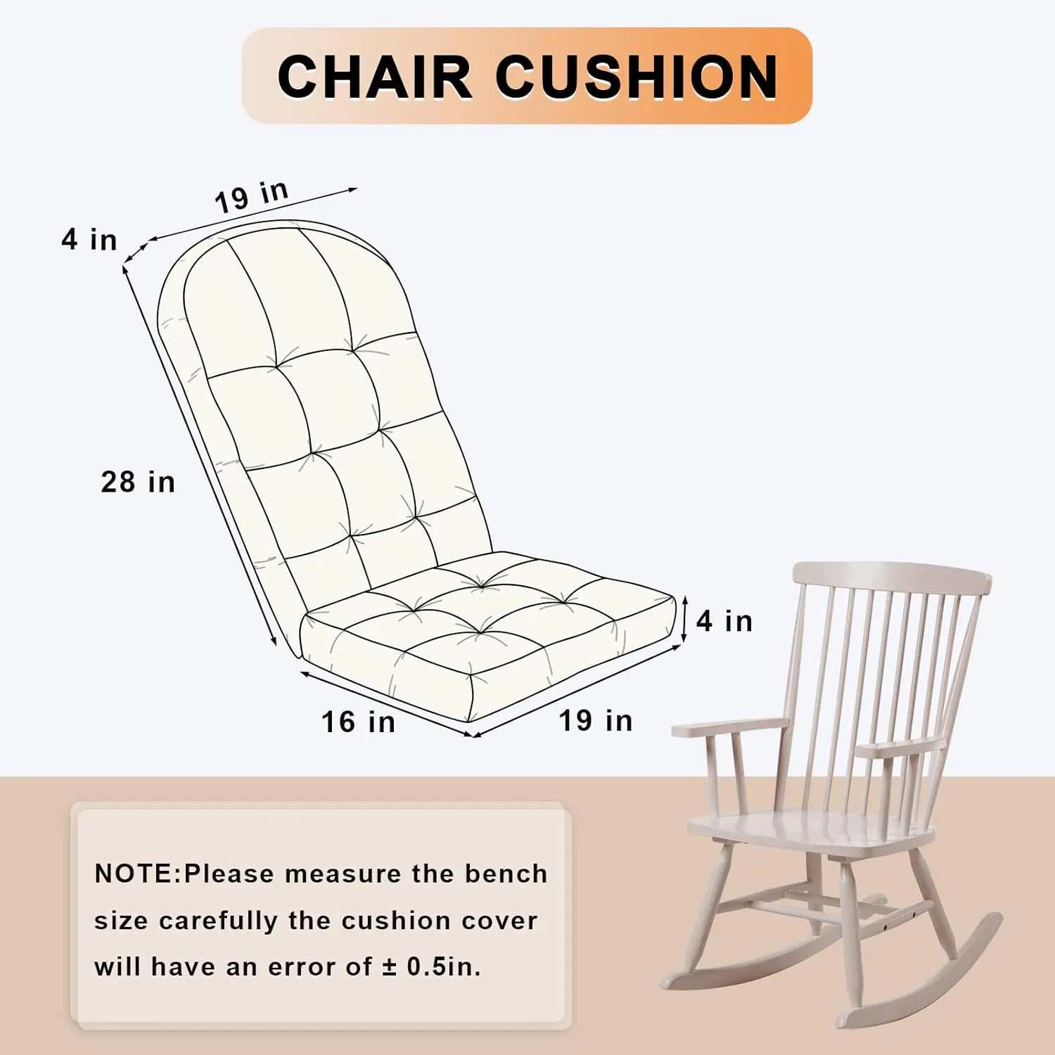 Rocking Chair Cushion - Chenille Fabric, High-Density Sponge, Durable Comfort Non-Slip Bottom Tufted Seat Pads with Ties, Chenille︱Oyster White, 44x19x4 inch