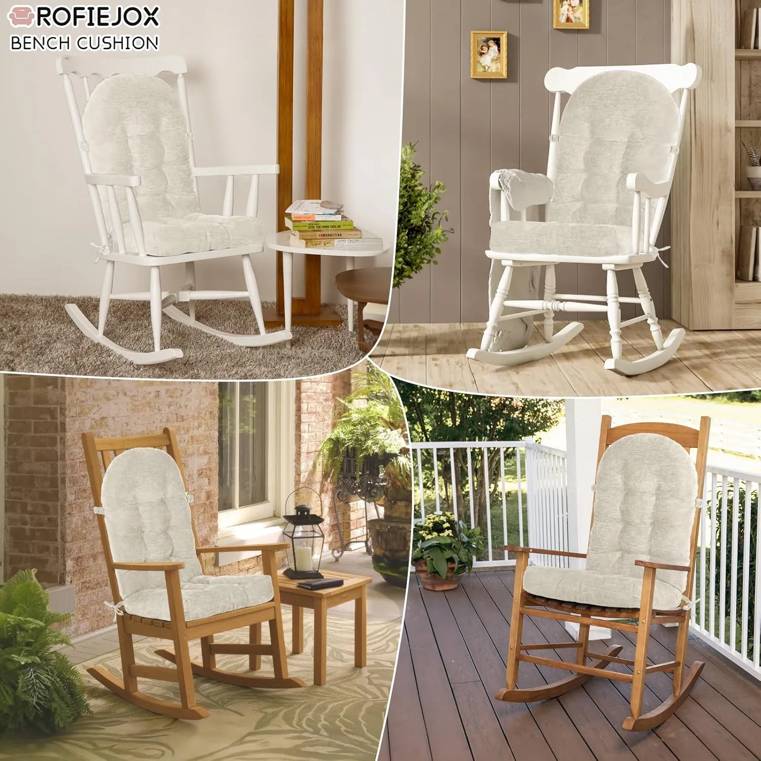 Rocking Chair Cushion - Chenille Fabric, High-Density Sponge, Durable Comfort Non-Slip Bottom Tufted Seat Pads with Ties, Chenille︱Oyster White, 44x19x4 inch