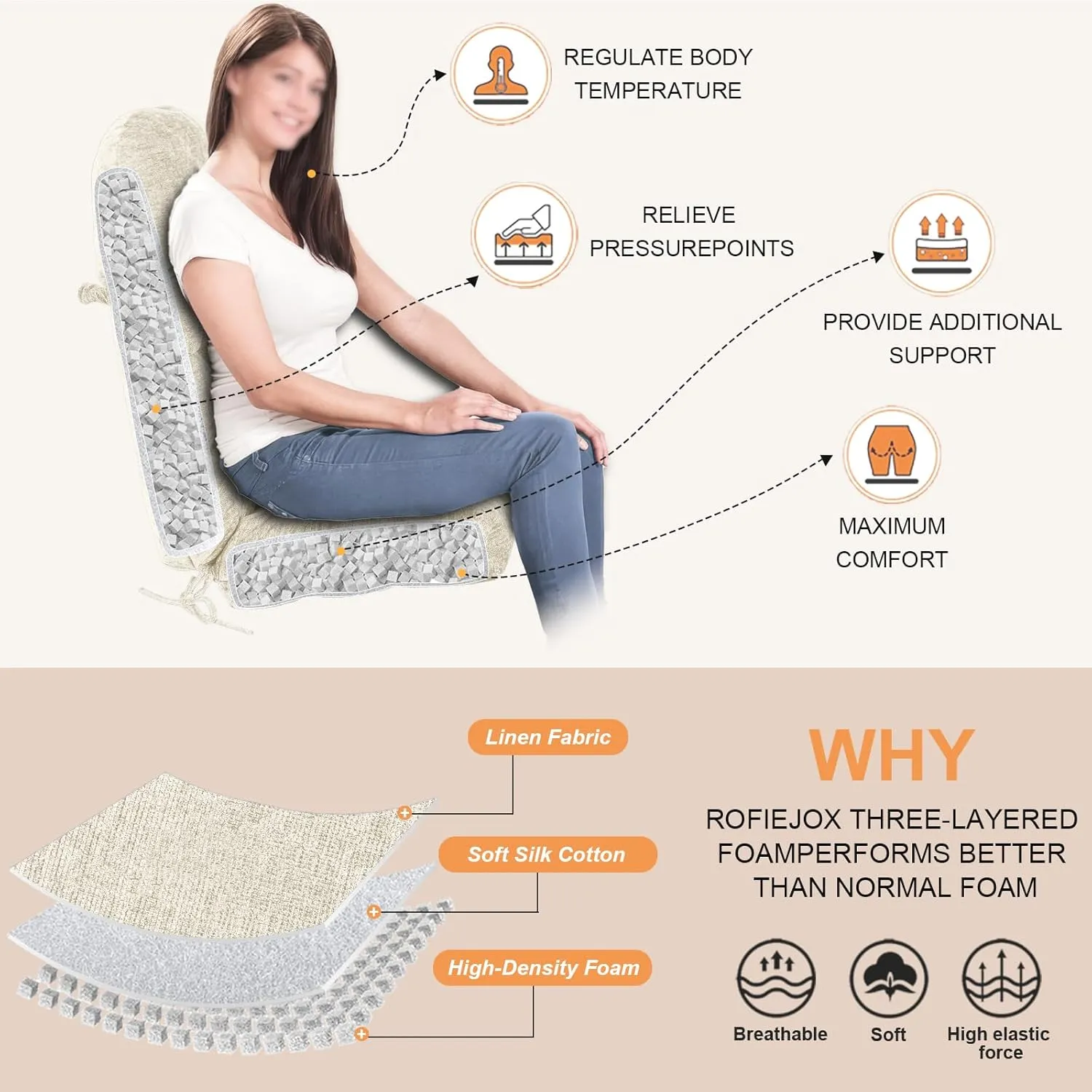 Rocking Chair Cushion - Chenille Fabric, High-Density Sponge, Durable Comfort Non-Slip Bottom Tufted Seat Pads with Ties, Chenille︱Oyster White, 44x19x4 inch