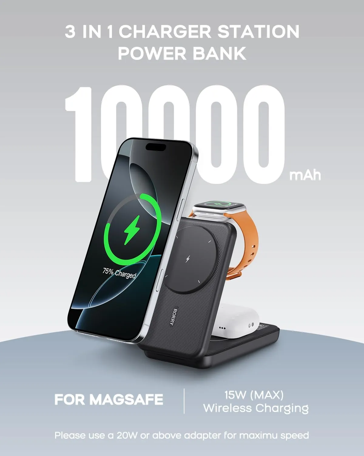 RORRY Portable Charger, 3-in-1 Charging Station 10000mAh Portable Charger Power Bank for MagSafe Foldable Battery Pack Travel for iPhone 16/15/14/13/12, for Apple Watch 10/9/8/7/6/5/Ultra/2, Black