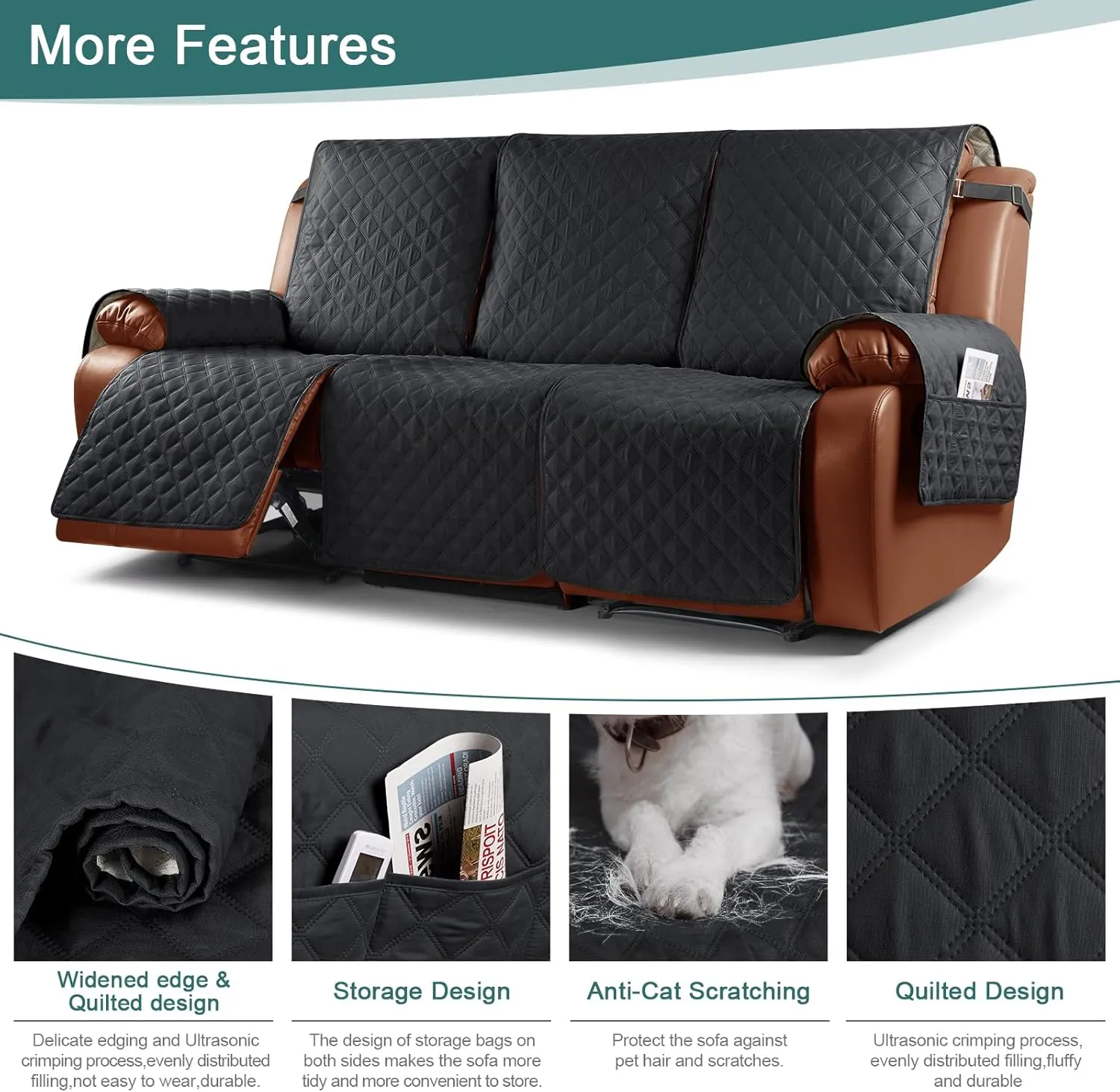 Ruaozz Waterproof Recliner Couch Covers 1-Piece Sofa Covers Washable Recliner Covers Non-Slip Furniture Protector with Elastic Straps Pocket for Kids, Pets(Black, 3 Seater)
