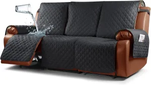 Ruaozz Waterproof Recliner Couch Covers 1-Piece Sofa Covers Washable Recliner Covers Non-Slip Furniture Protector with Elastic Straps Pocket for Kids, Pets(Black, 3 Seater)