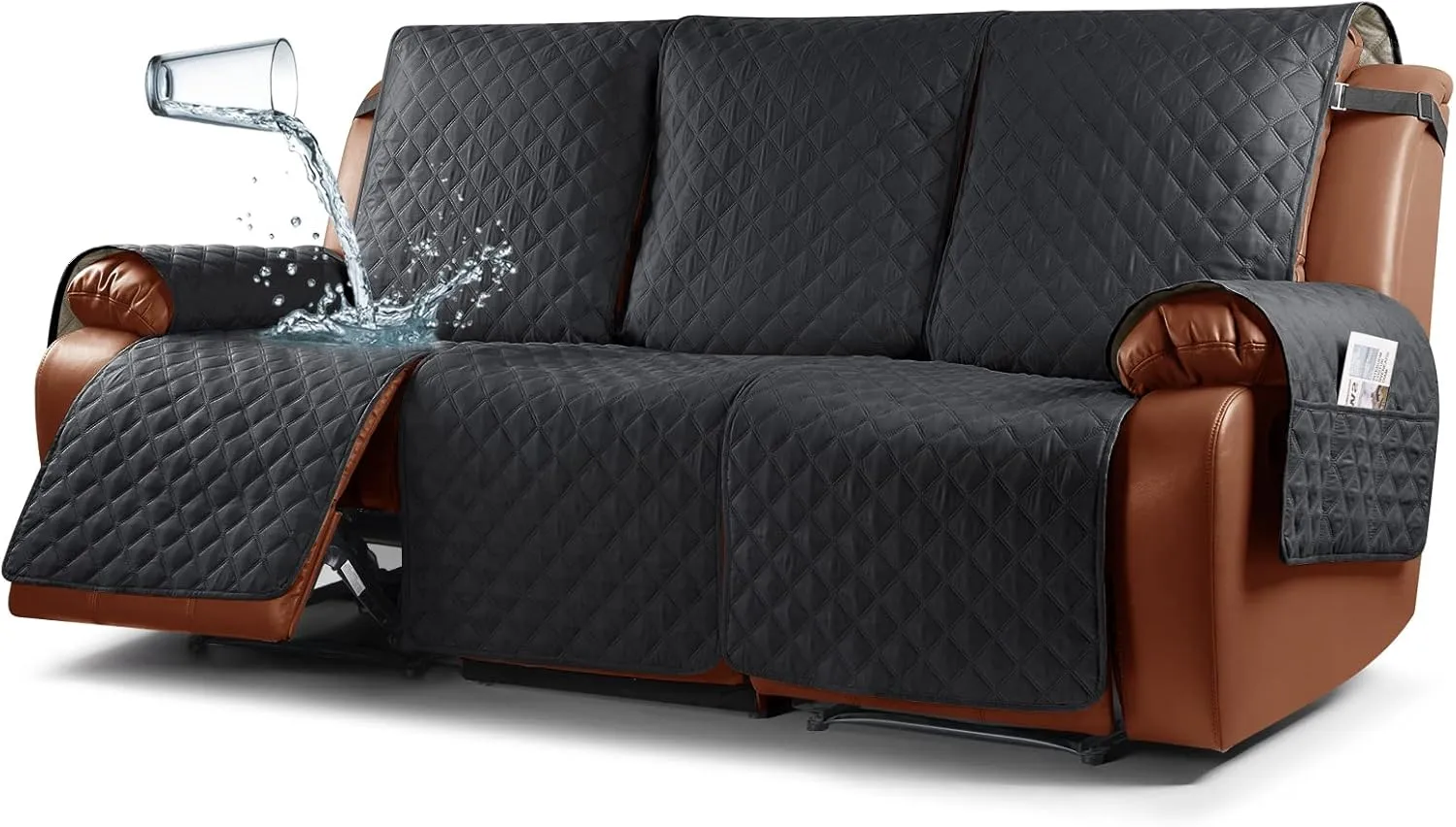 Ruaozz Waterproof Recliner Couch Covers 1-Piece Sofa Covers Washable Recliner Covers Non-Slip Furniture Protector with Elastic Straps Pocket for Kids, Pets(Black, 3 Seater)