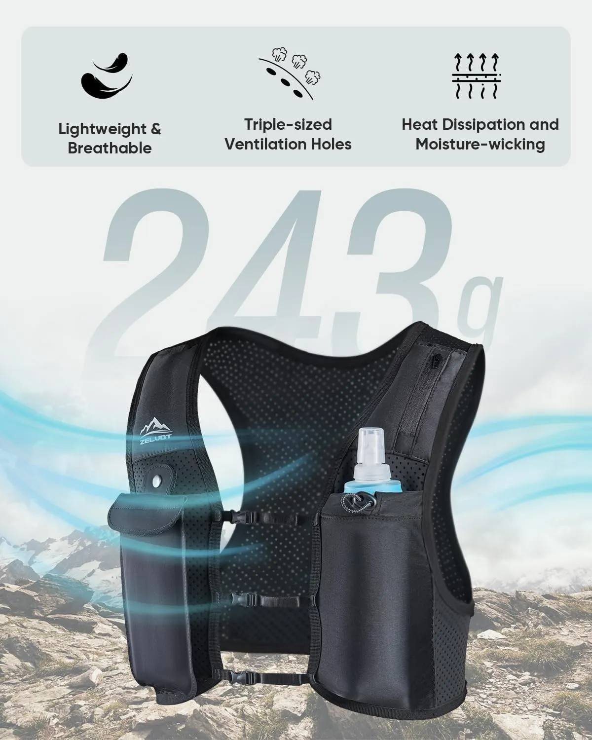 Running Vest for Women Men, USA Original Patent, Adjustable Chest Straps Running Hydration Vest with 500ml Soft Flask, Lightweight Breathable Reflective Running Vest for Marathon
