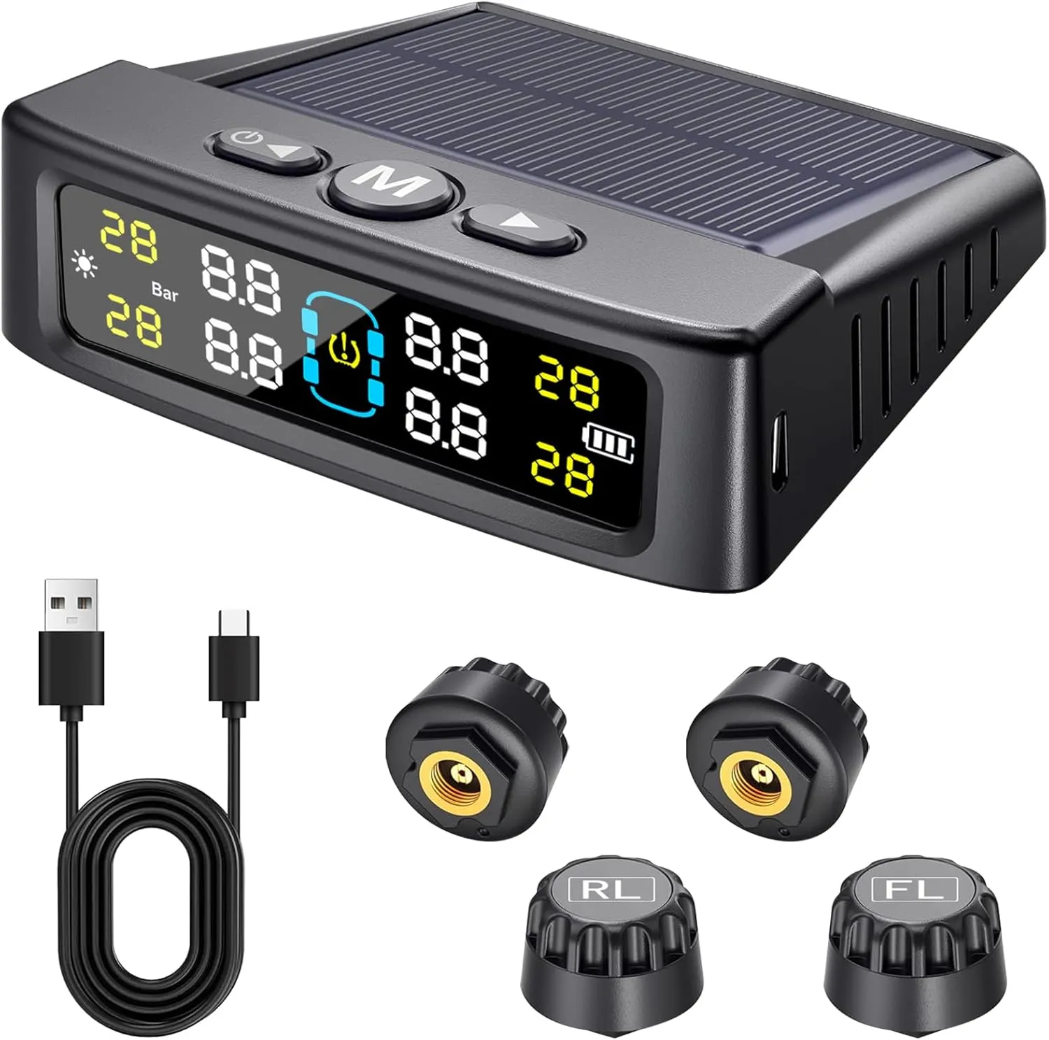 RV Tire Pressure Monitoring System, TPMS with 4 Sensors & 6 Alarm Modes, Solar & USB-Mico Charging, Auto-Dimming LCD Display, Real-Time 4-Sector Monitoring, Weatherproof for RV/Truck/Trailer IP67