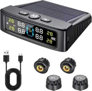 RV Tire Pressure Monitoring System, TPMS with 4 Sensors & 6 Alarm Modes, Solar & USB-Mico Charging, Auto-Dimming LCD Display, Real-Time 4-Sector Monitoring, Weatherproof for RV/Truck/Trailer IP67