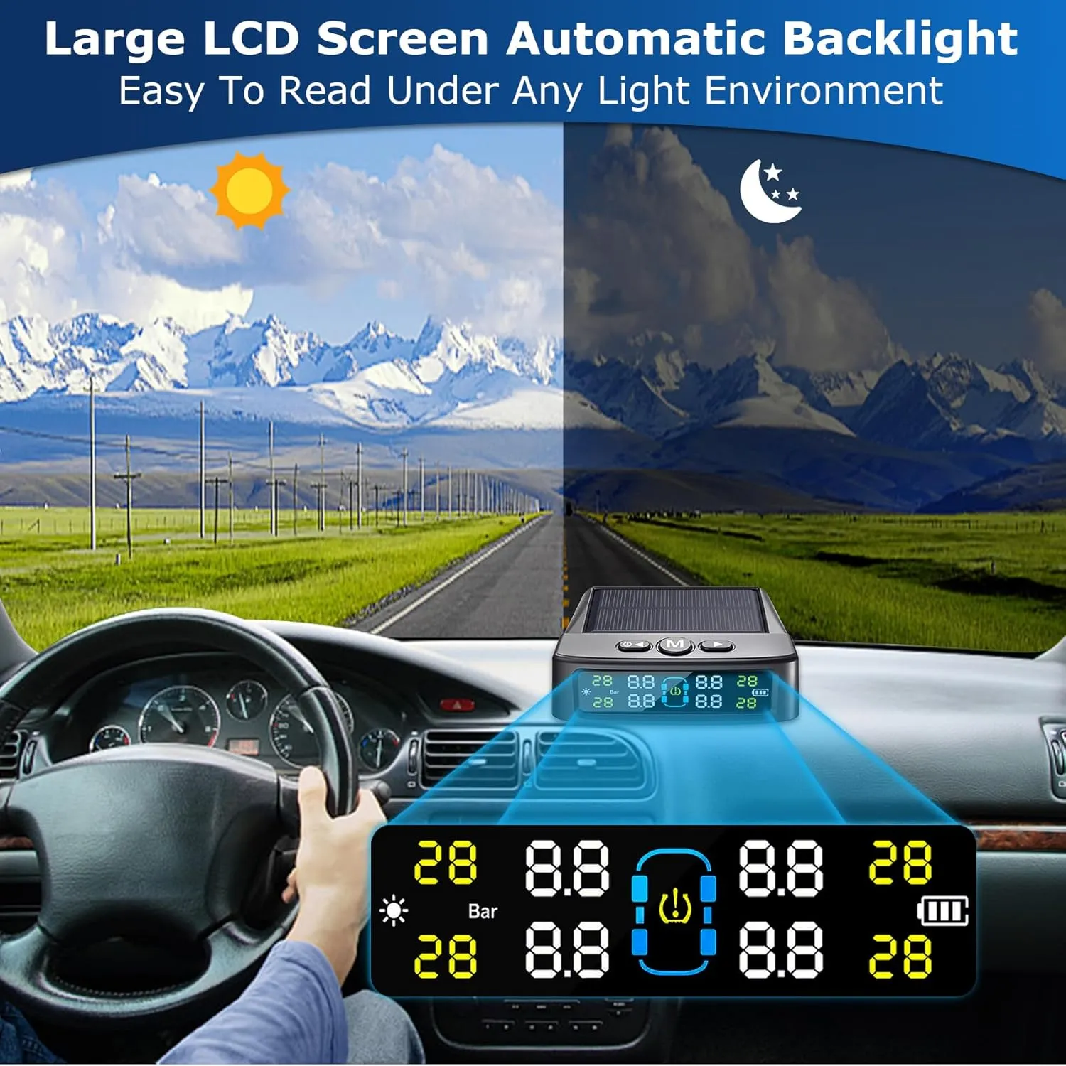 RV Tire Pressure Monitoring System, TPMS with 4 Sensors & 6 Alarm Modes, Solar & USB-Mico Charging, Auto-Dimming LCD Display, Real-Time 4-Sector Monitoring, Weatherproof for RV/Truck/Trailer IP67