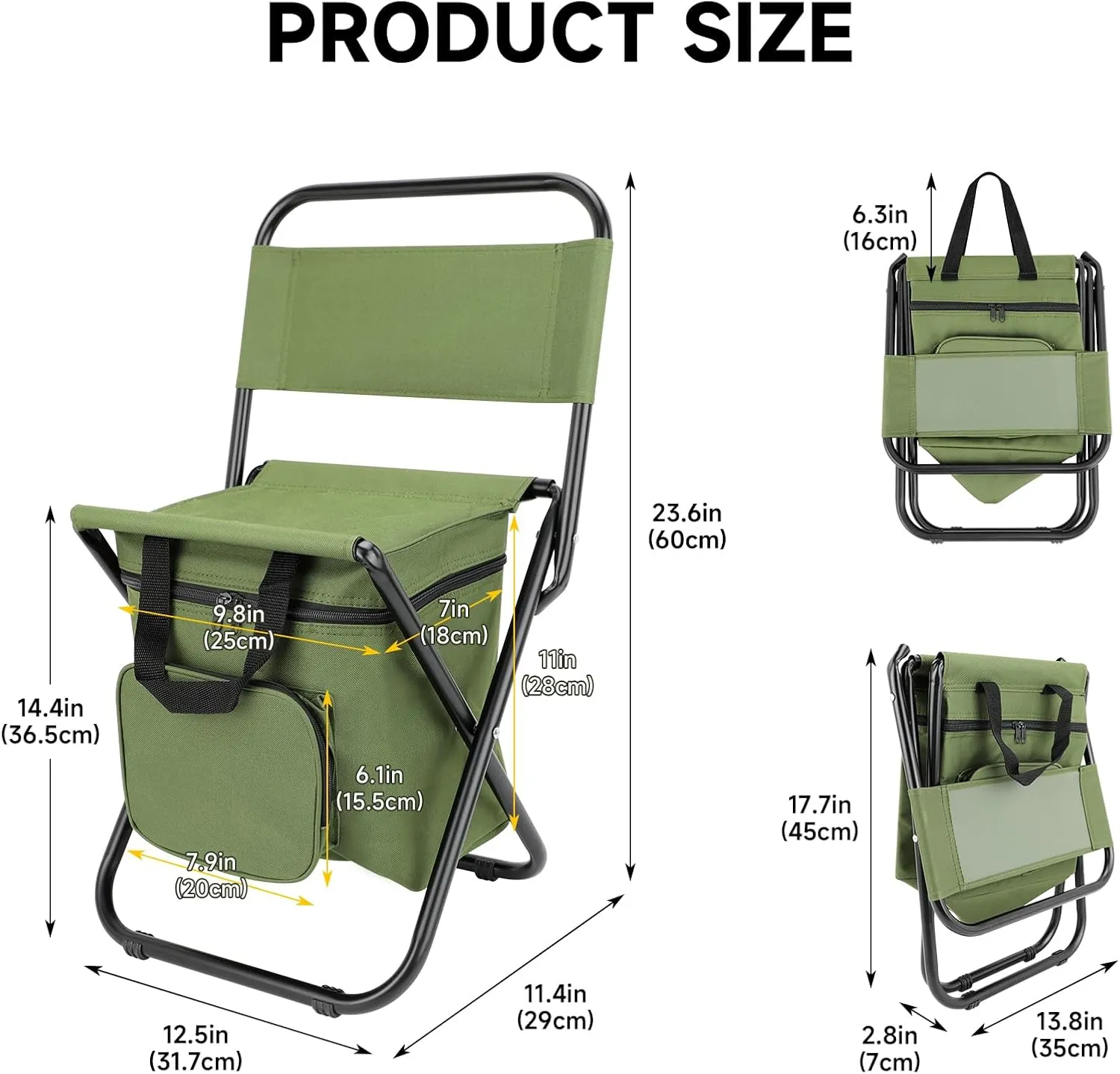 SAN LIKE Fishing Chair with Cooler Bag - Lightweight Foldable Backpack Camping Stool for Outdoor Fishing Hunting Gear - Portable Insulated Cooler Pocket Design（2 Packs Green