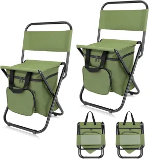 SAN LIKE Fishing Chair with Cooler Bag - Lightweight Foldable Backpack Camping Stool for Outdoor Fishing Hunting Gear - Portable Insulated Cooler Pocket Design（2 Packs Green