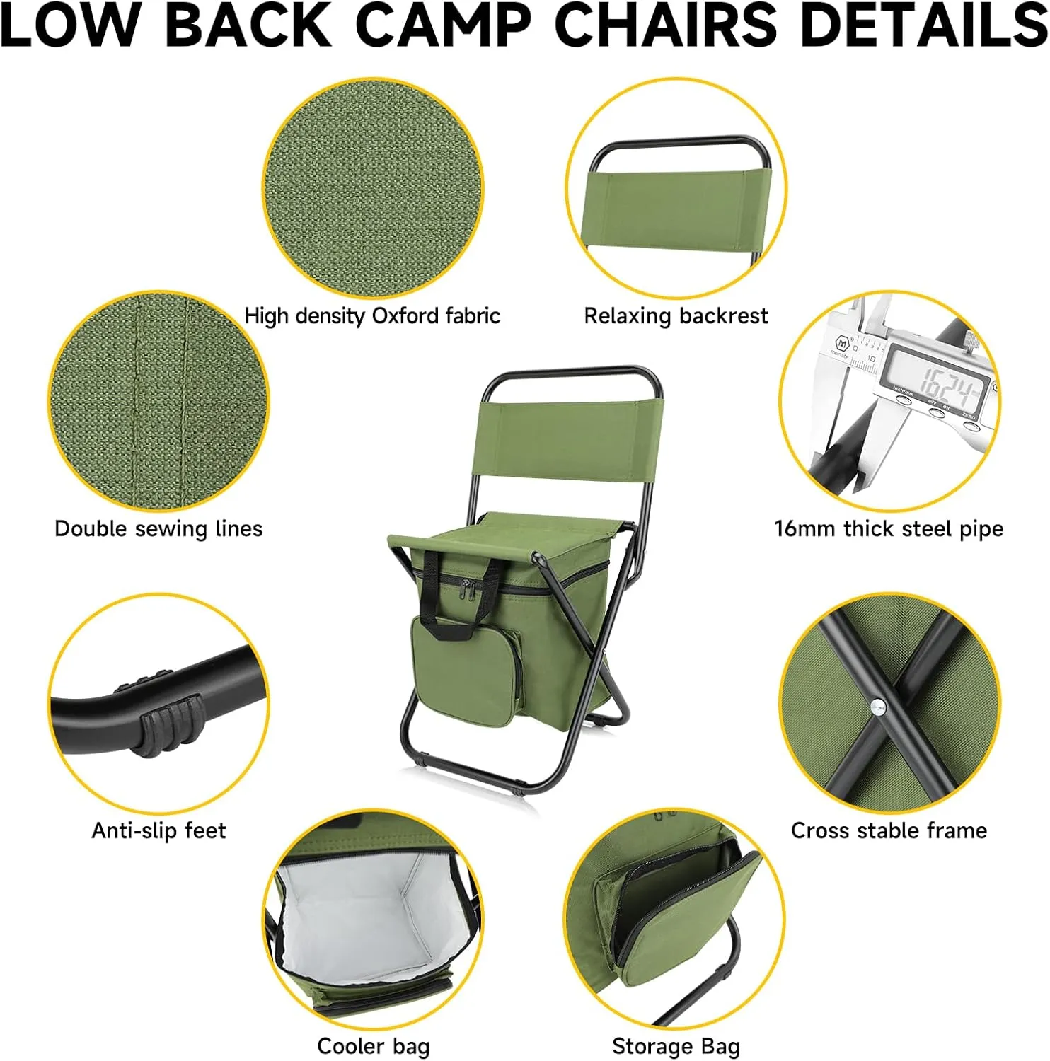 SAN LIKE Fishing Chair with Cooler Bag - Lightweight Foldable Backpack Camping Stool for Outdoor Fishing Hunting Gear - Portable Insulated Cooler Pocket Design（2 Packs Green
