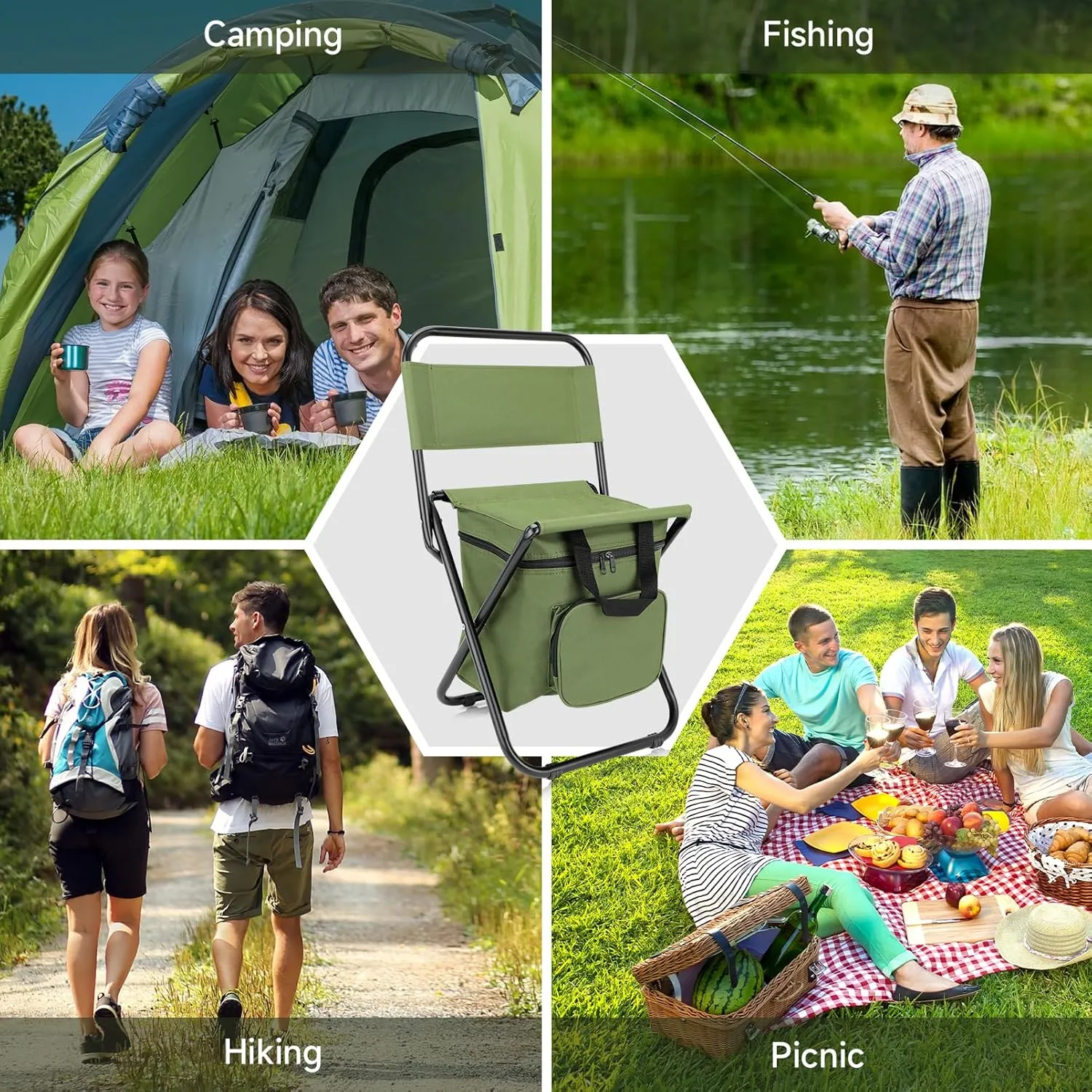 SAN LIKE Fishing Chair with Cooler Bag - Lightweight Foldable Backpack Camping Stool for Outdoor Fishing Hunting Gear - Portable Insulated Cooler Pocket Design（2 Packs Green