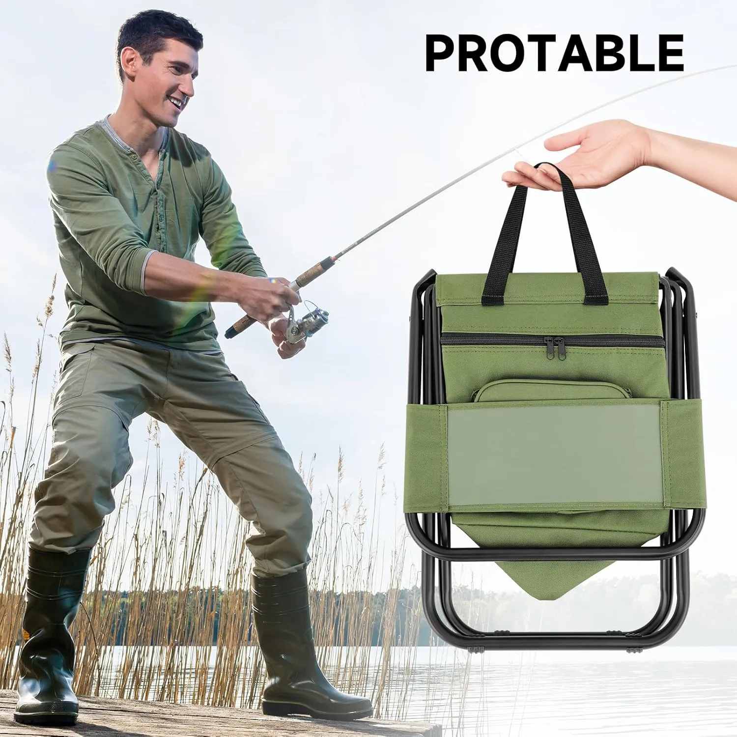 SAN LIKE Fishing Chair with Cooler Bag - Lightweight Foldable Backpack Camping Stool for Outdoor Fishing Hunting Gear - Portable Insulated Cooler Pocket Design（2 Packs Green