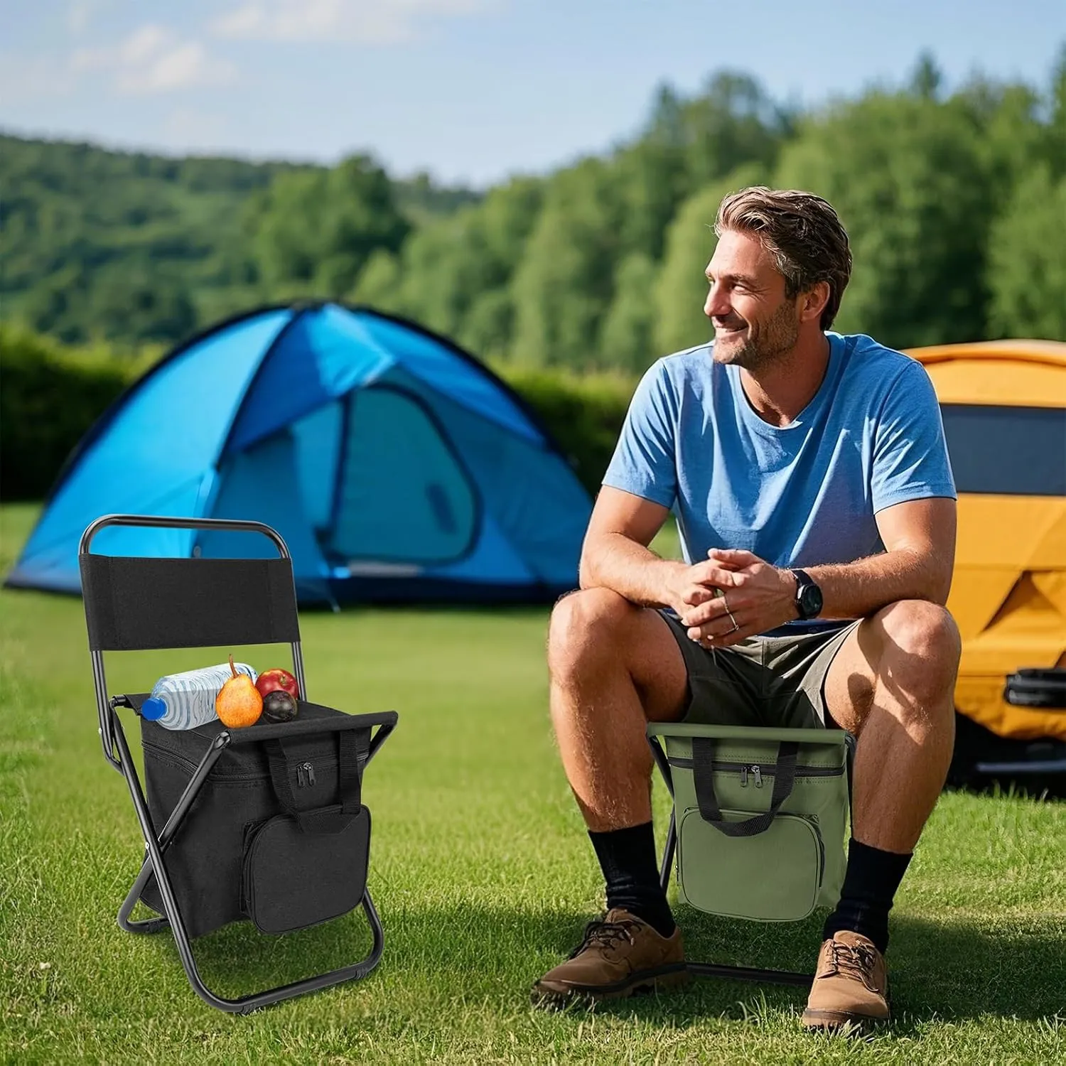 SAN LIKE Fishing Chair with Cooler Bag - Lightweight Foldable Backpack Camping Stool for Outdoor Fishing Hunting Gear - Portable Insulated Cooler Pocket Design（2 Packs Green