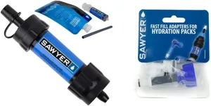 Sawyer Products SP128 Mini Water Filtration System, Single, Blue & SP115 Fast Fill Adapters for Hydration Packs Blue/White,One Size