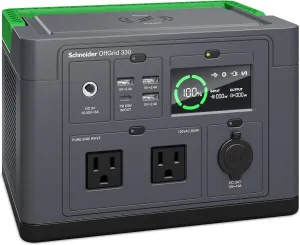 Schneider OffGrid Portable Power Station 300W, PPS330, Lightweight 332Wh Solar Generator: 2 AC Outlets, 60W USB-C PD Output, Wireless Charging, LED Light, for Camping, RV, Home Backup