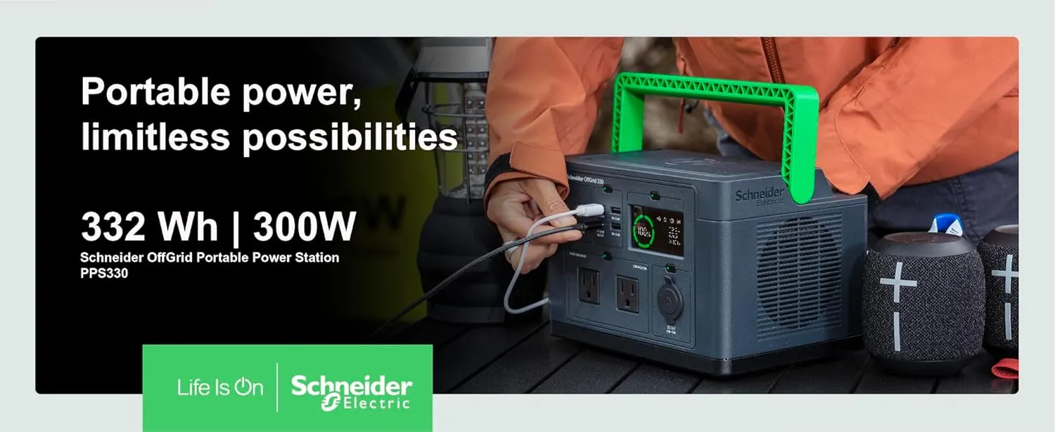 Schneider OffGrid Portable Power Station 300W, PPS330, Lightweight 332Wh Solar Generator: 2 AC Outlets, 60W USB-C PD Output, Wireless Charging, LED Light, for Camping, RV, Home Backup
