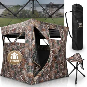 See Through Hunting Blind, Pop Up w/Silent Zippers, Tripod Ground Chair & Carry Bag - Turkey Blind, 2-3 Person, Hunting Blinds for Deer