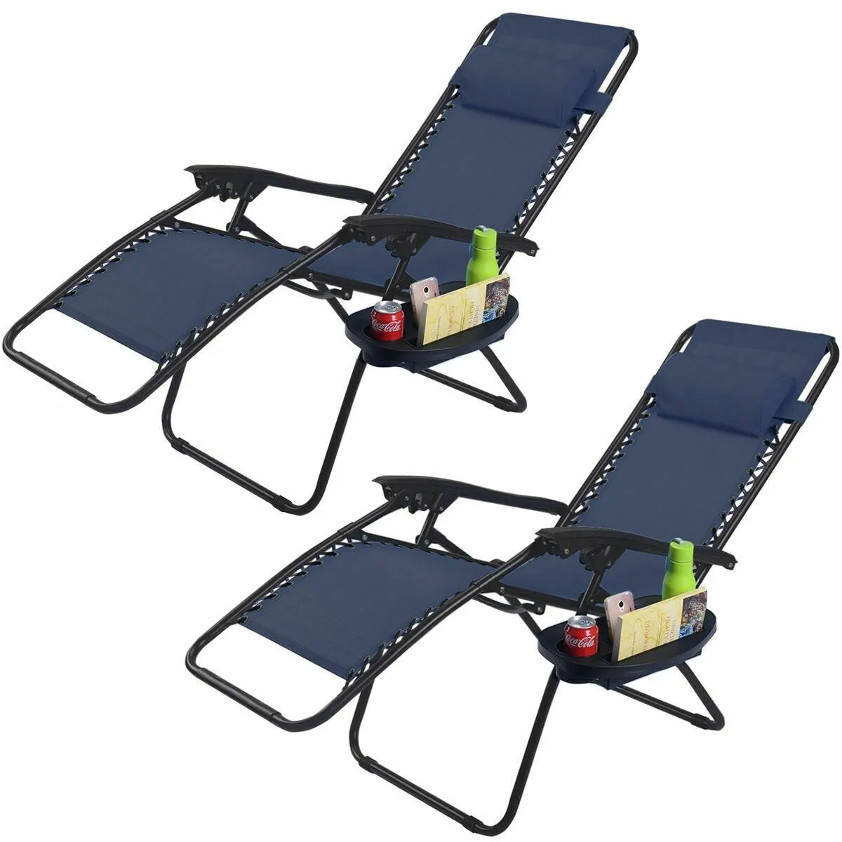 Set of 2 Folding Adjustable Lounge Chair with Removable Pillow and Cup Holder Tray