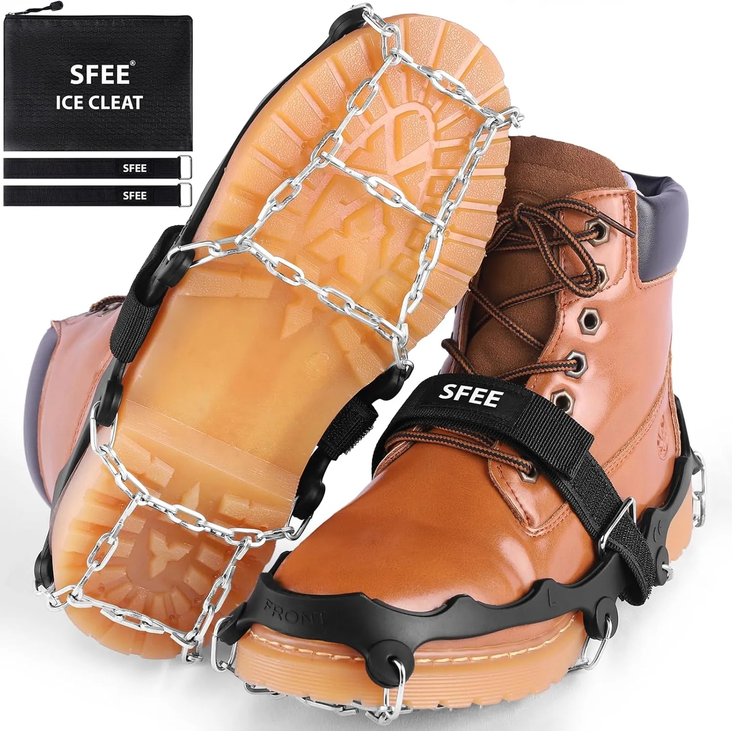 Sfee Crampons Ice Cleats for Shoes and Boots, Stainless Steel Chains Ice Grippers for Shoes and Boots Non Slip Gripper Spikes, Traction Cleats for Snow and Ice, Hiking, Walking, Climbing, Ice Fishing