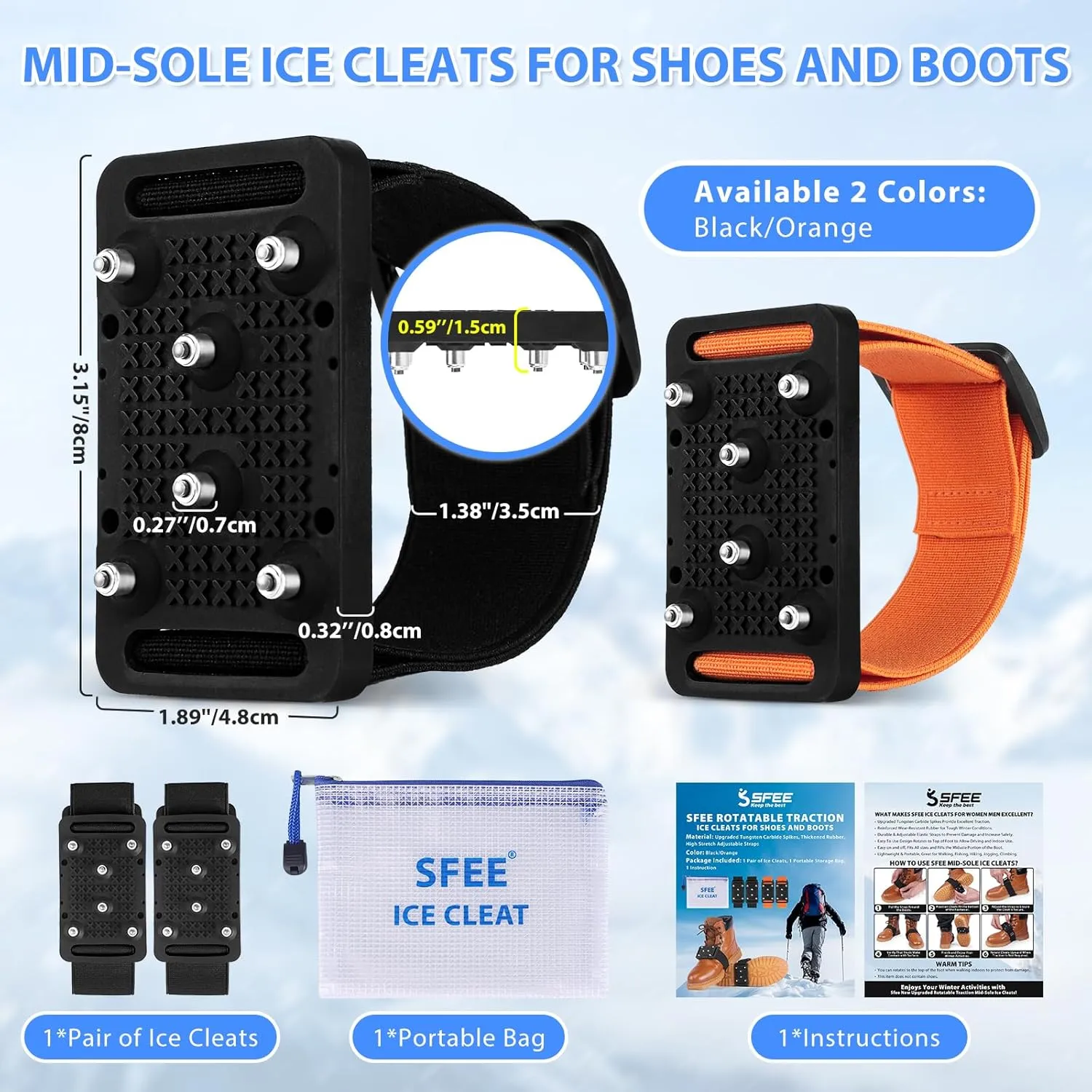 Sfee Ice Cleats Crampons, Easily Rotate Ice Grippers Ice Cleats for Shoes and Boots with Tungsten Studs Shoe Spikes