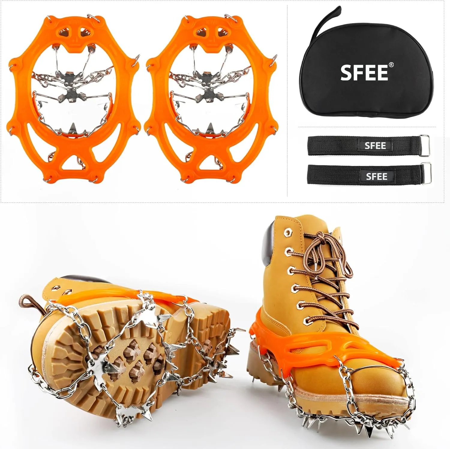 Sfee Ice Snow Grips Crampons Traction Cleats,19 Stainless Steel Spikes for Women Men Kids, Anti Slip Flexible Shoe/Boot Footwear for Walking Climbing Hiking Fishing Outdoor