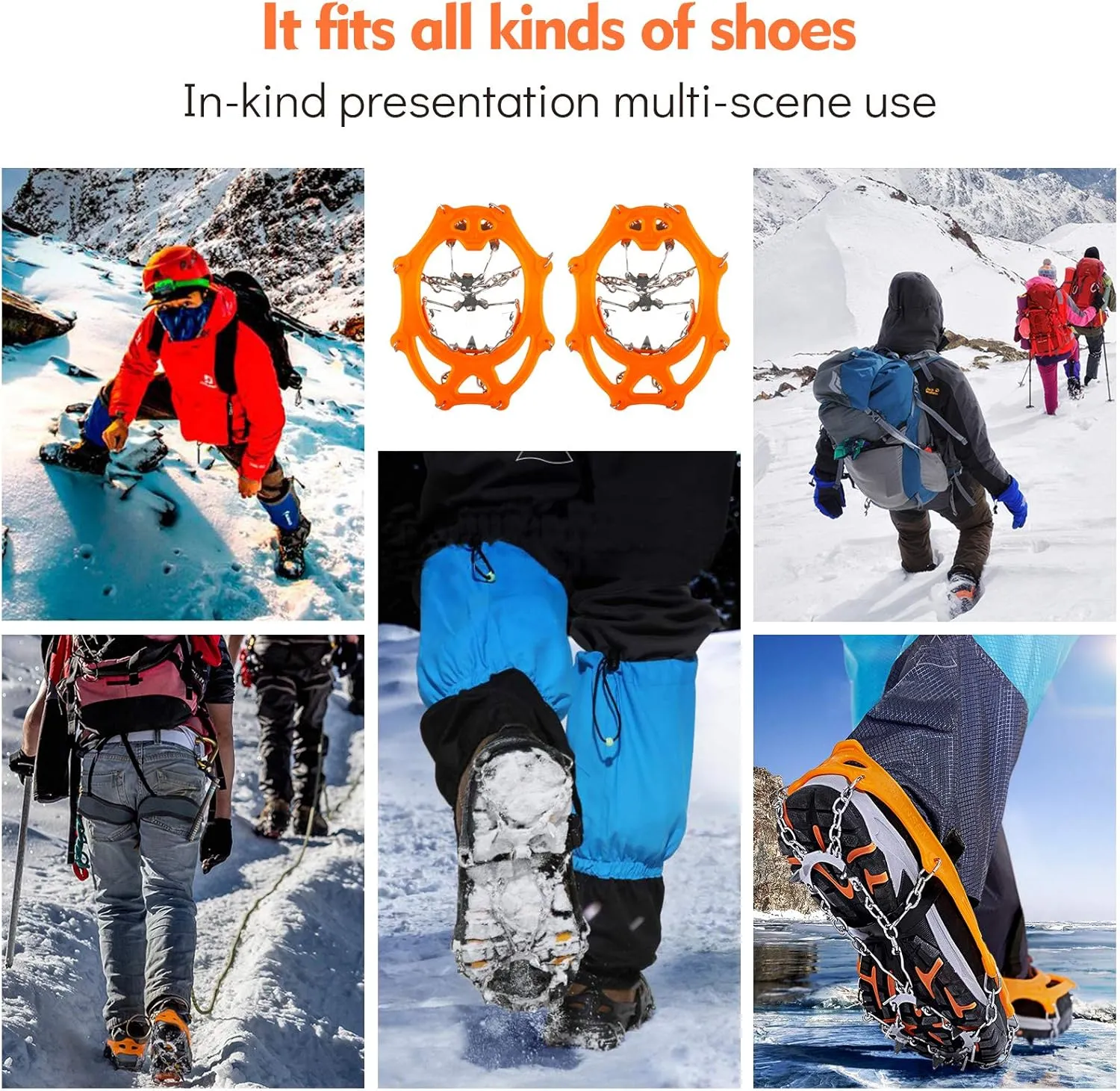 Sfee Ice Snow Grips Crampons Traction Cleats,19 Stainless Steel Spikes for Women Men Kids, Anti Slip Flexible Shoe/Boot Footwear for Walking Climbing Hiking Fishing Outdoor