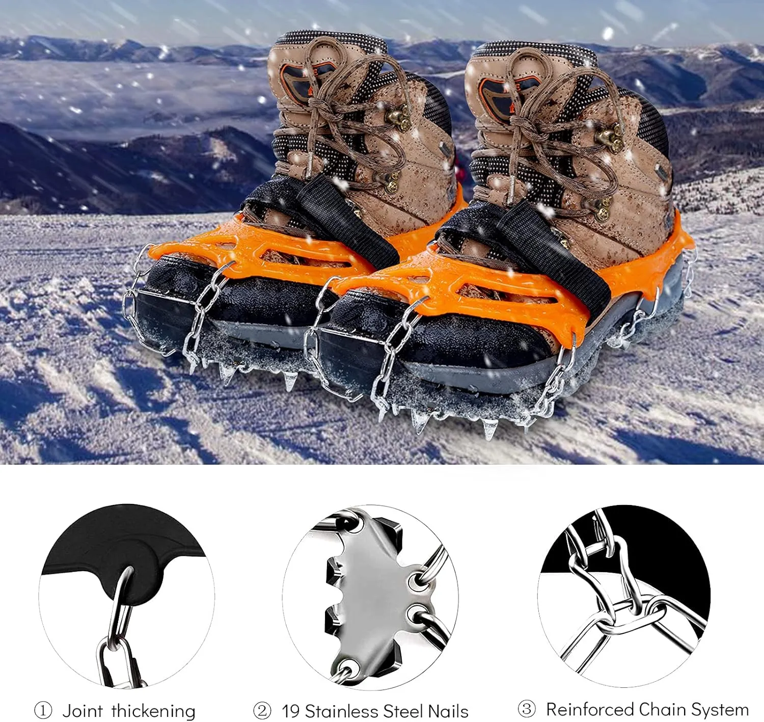Sfee Ice Snow Grips Crampons Traction Cleats,19 Stainless Steel Spikes for Women Men Kids, Anti Slip Flexible Shoe/Boot Footwear for Walking Climbing Hiking Fishing Outdoor