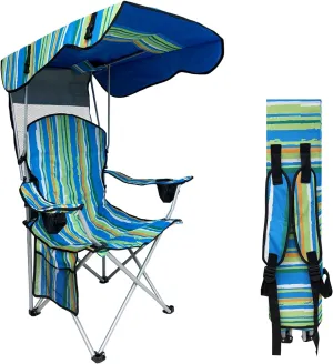 Shade Canopy Camping Chair, Folding Recliner Chair Back Support with Carrying Bag, Cup Holder & Side Pocket, Collapsible for Outdoor Garden Fishing (Multi-Color)