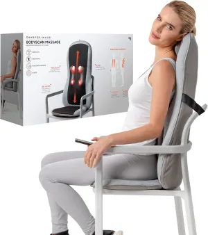Sharper Image Smartsense Shiatsu Realtouch Massaging Chair Pad with Extra Cushion, Soothing Heat, 4 Deep Kneading Gel Nodes, Pain Relief for Neck, Back, Shoulders, Lumbar, Pressure Points Body Scan