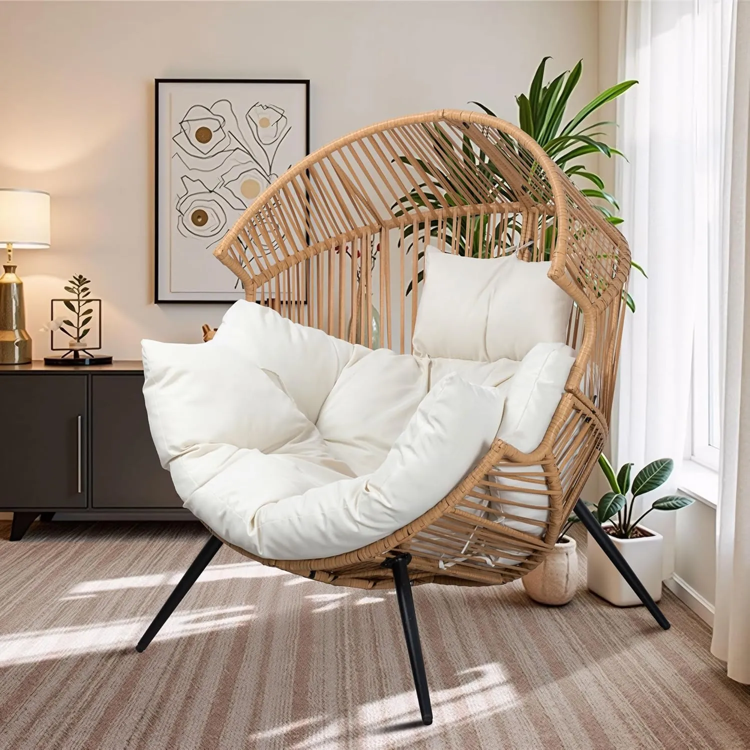 Shintenchi Wicker Egg Chair Outdoor Rattan Patio Chair with Cushion,Oversized Patio Lounge Chairs with Cushion Egg Basket Chair, Egg Seat for Indoor Living Room Bedroom Outside Patio Backyard Balcony