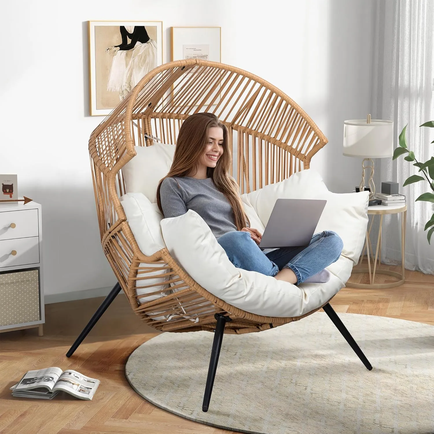 Shintenchi Wicker Egg Chair Outdoor Rattan Patio Chair with Cushion,Oversized Patio Lounge Chairs with Cushion Egg Basket Chair, Egg Seat for Indoor Living Room Bedroom Outside Patio Backyard Balcony