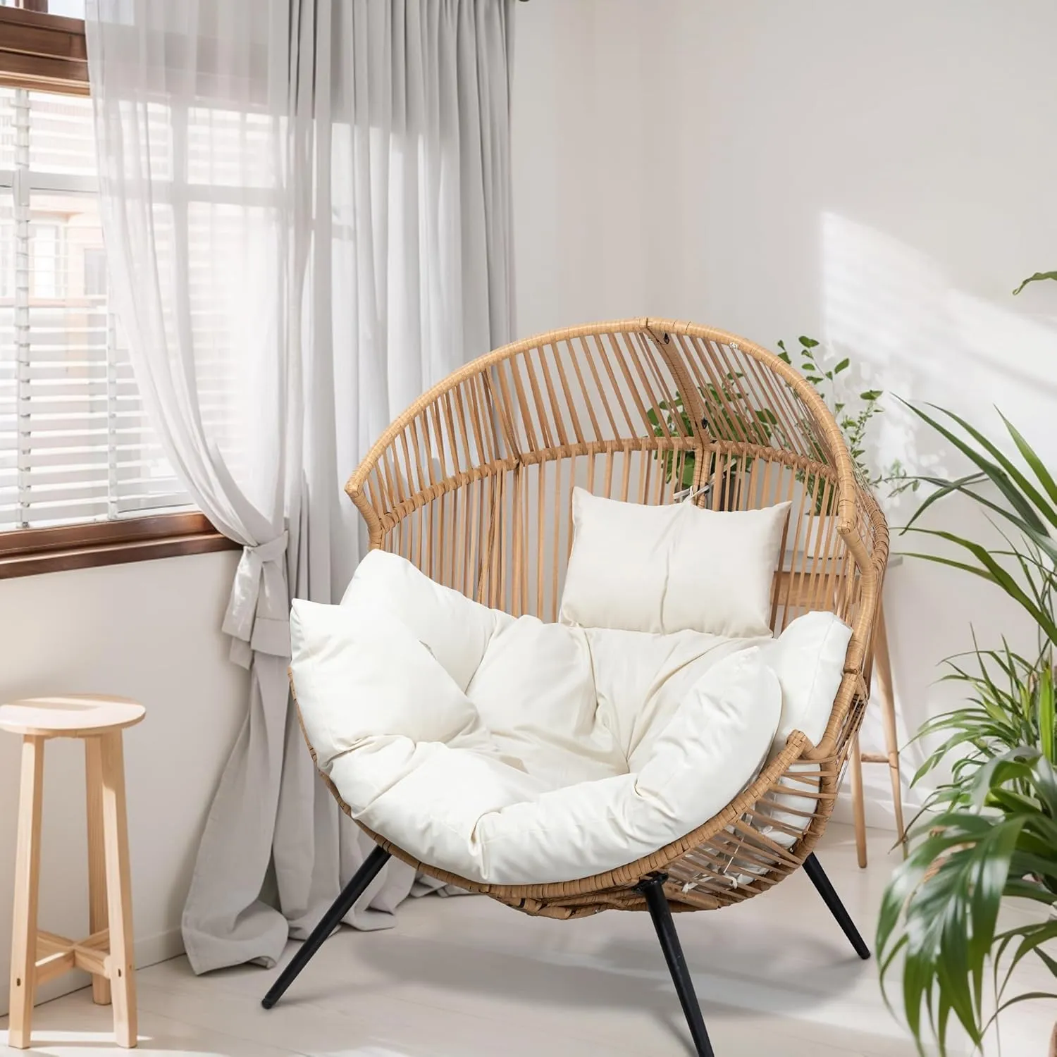 Shintenchi Wicker Egg Chair Outdoor Rattan Patio Chair with Cushion,Oversized Patio Lounge Chairs with Cushion Egg Basket Chair, Egg Seat for Indoor Living Room Bedroom Outside Patio Backyard Balcony