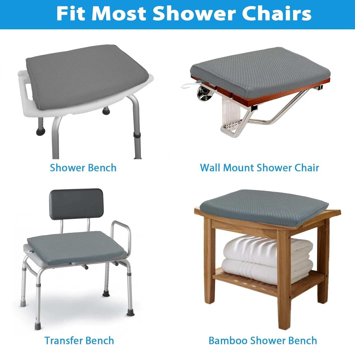 Shower Seat Cushion, Shower Chair Cushion for Transfer Benches in Bathtub, Cushion for Sauna, 3D Mesh Pad with Hook, Slip-Resistant, Design for Elderly, Senior, Handicap Disabled