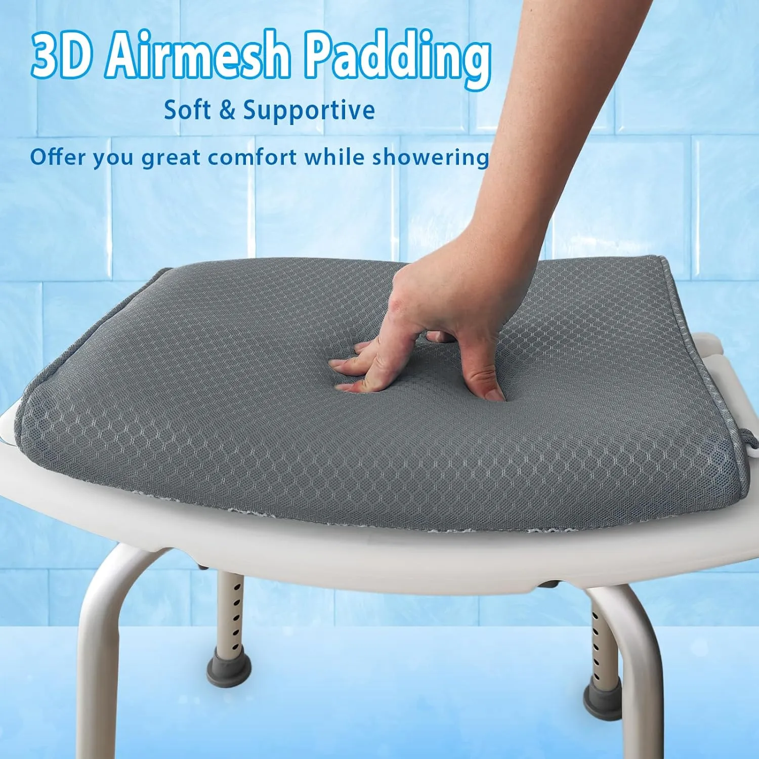 Shower Seat Cushion, Shower Chair Cushion for Transfer Benches in Bathtub, Cushion for Sauna, 3D Mesh Pad with Hook, Slip-Resistant, Design for Elderly, Senior, Handicap Disabled