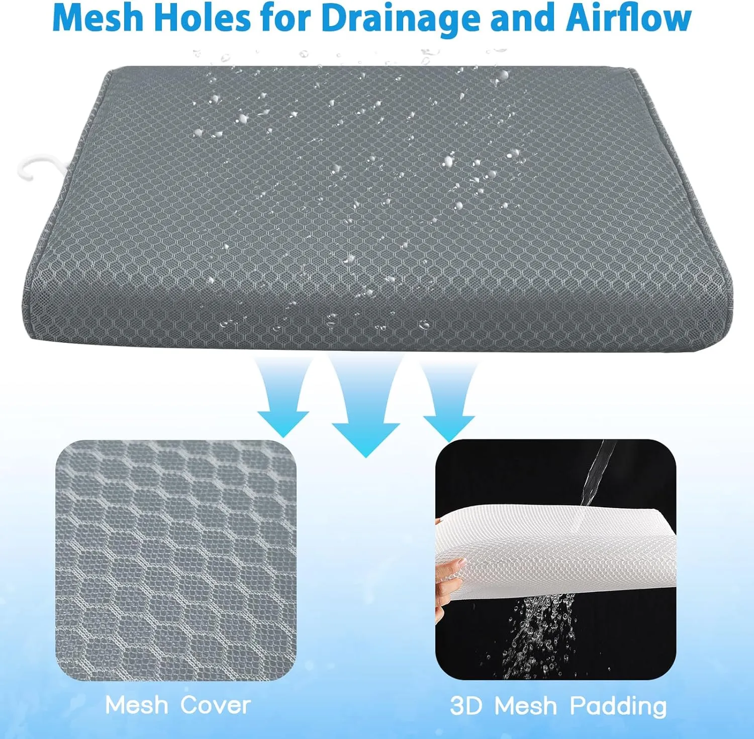Shower Seat Cushion, Shower Chair Cushion for Transfer Benches in Bathtub, Cushion for Sauna, 3D Mesh Pad with Hook, Slip-Resistant, Design for Elderly, Senior, Handicap Disabled