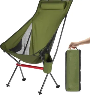 ShowyLive Camping Chair Portable Folding Lightweight Outdoor Compact Backpack Chair with Cup Holder Heavy Duty for Hiking, Green
