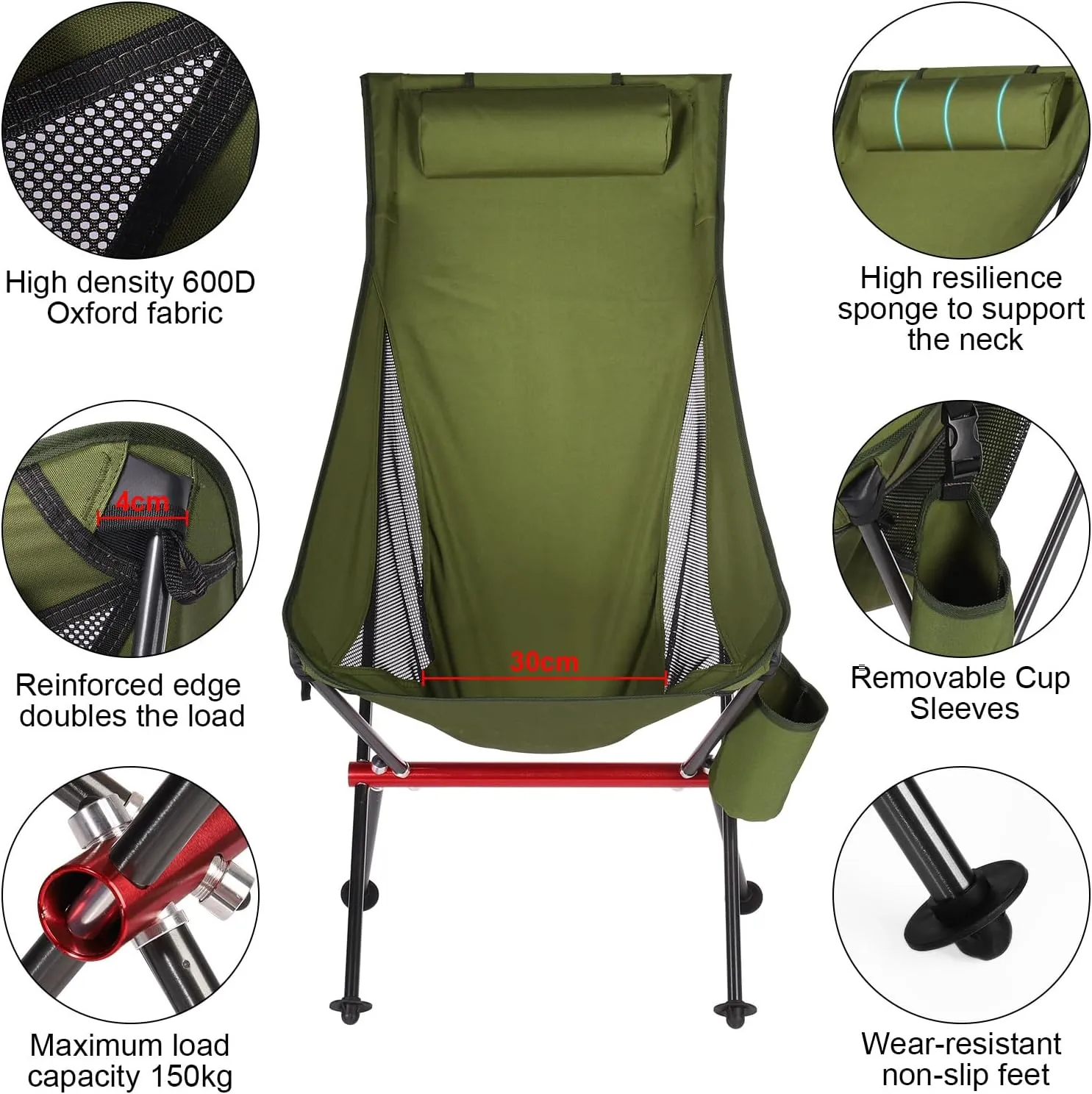 ShowyLive Camping Chair Portable Folding Lightweight Outdoor Compact Backpack Chair with Cup Holder Heavy Duty for Hiking, Green