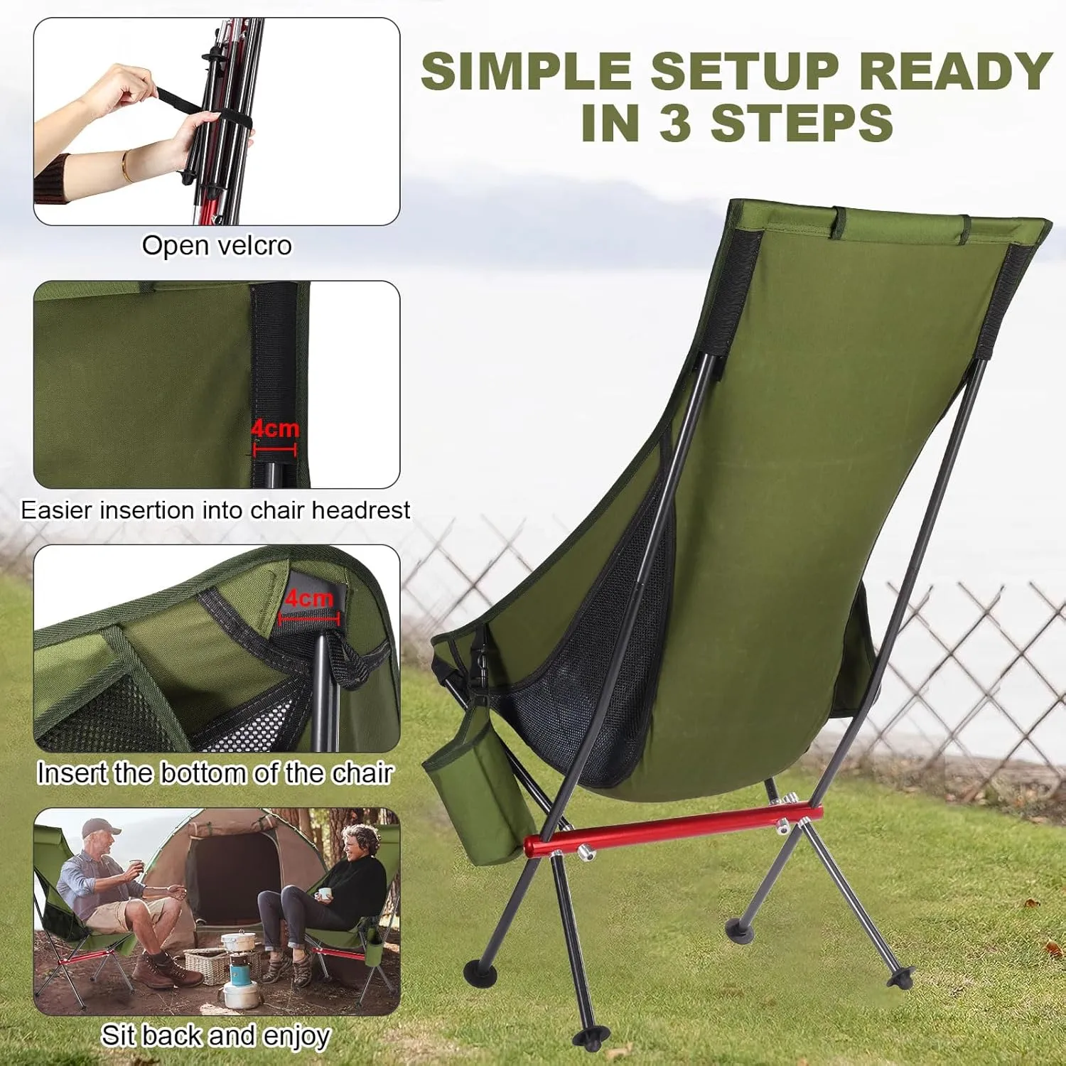 ShowyLive Camping Chair Portable Folding Lightweight Outdoor Compact Backpack Chair with Cup Holder Heavy Duty for Hiking, Green