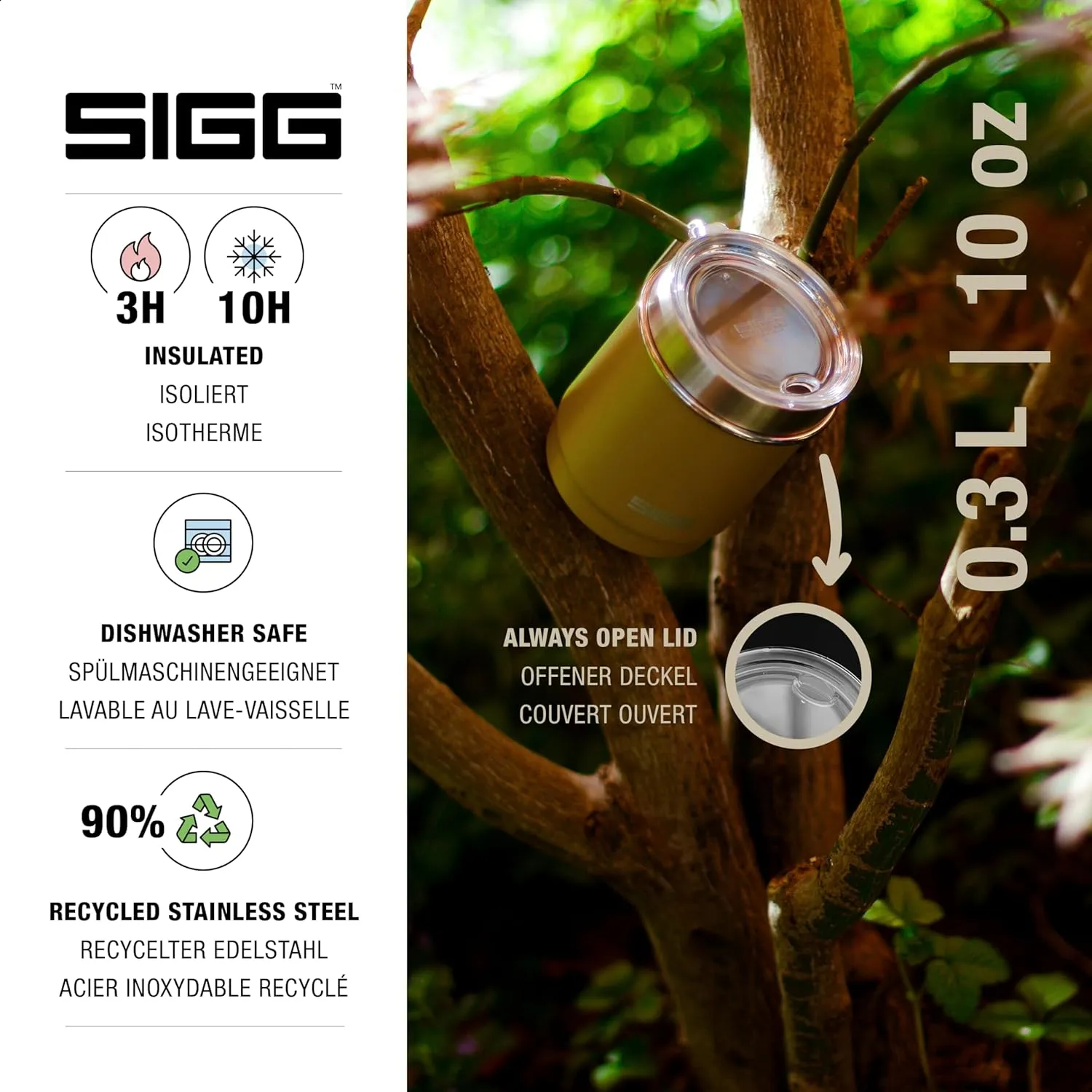 SIGG - Camping Mug with Lid - Double-Wall Insulated - Recycled Stainless Steel - Stackable - Hook Handle - Hiking, 10Oz