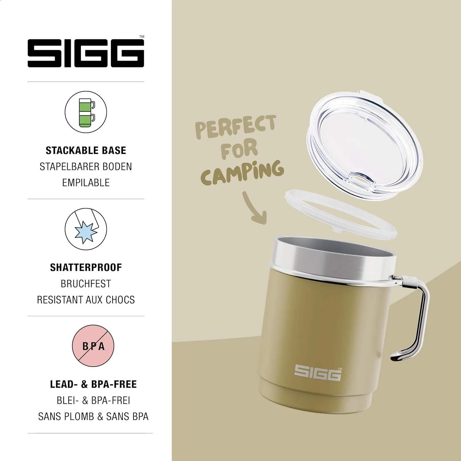 SIGG - Camping Mug with Lid - Double-Wall Insulated - Recycled Stainless Steel - Stackable - Hook Handle - Hiking, 10Oz