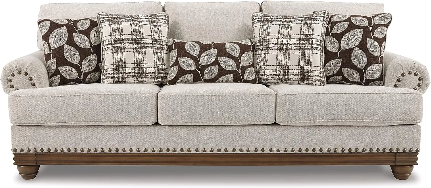 Signature Design by Ashley Harleson Modern Farmhouse Sofa with Nailhead Trim and 5 Accent Pillows, Beige